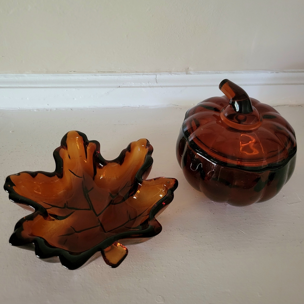 Vintage Amber Glass Leaf and Pumpkin Fall Decor Set